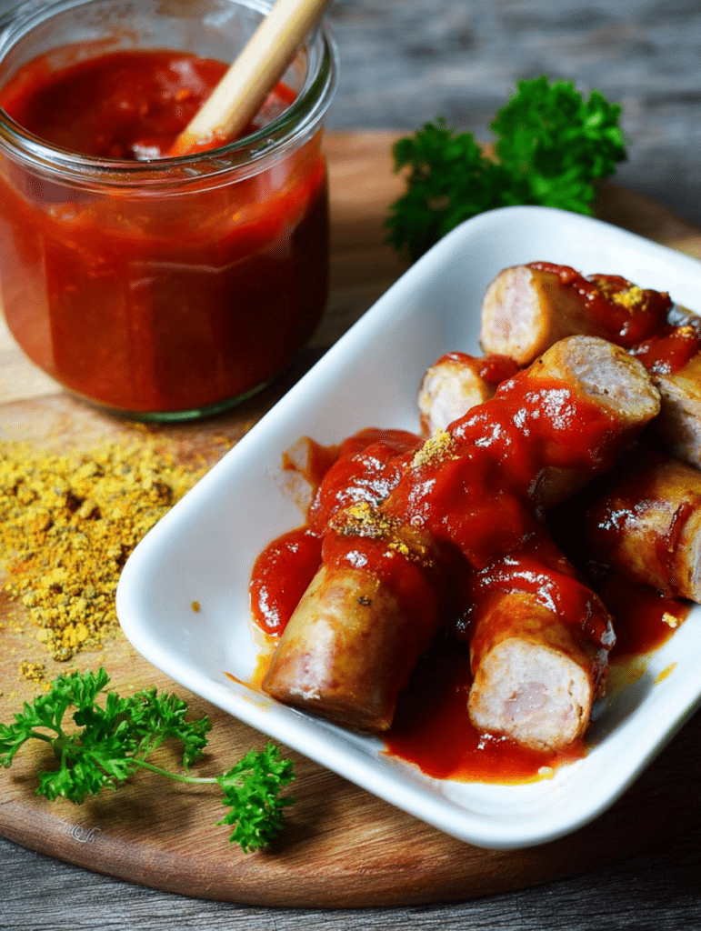 Leckere Currywurst mit knusprigen Bratwürsten und Currysauce auf einem HolztablettServiert mit Pommes frites.