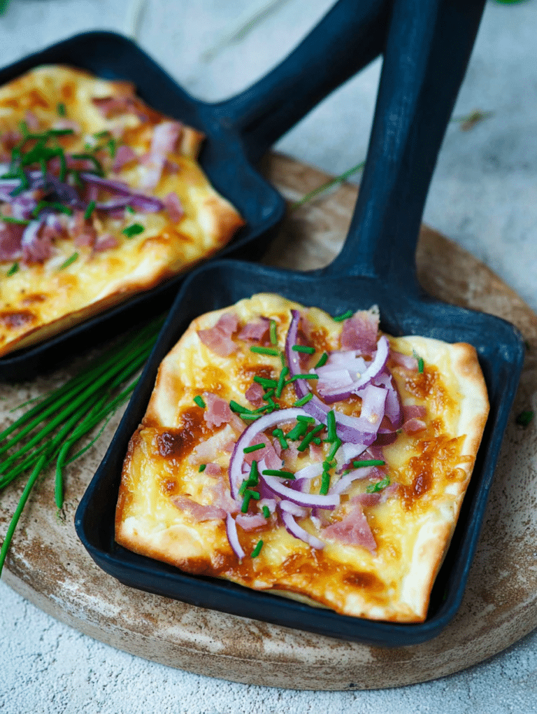 Eizelen Flammkuchen-Raclette auf einem Holzbrett mit frischen Zutaten wie Zwiebeln, Schnittlauch und Käse.