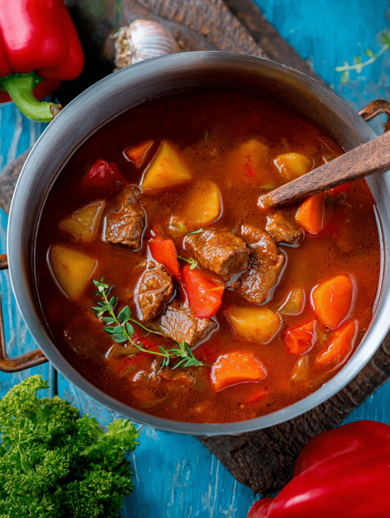 Leckere Gulaschsuppe in einer Schüssel, garniert mit Petersilie und restlicher Zutat im Hintergrund.