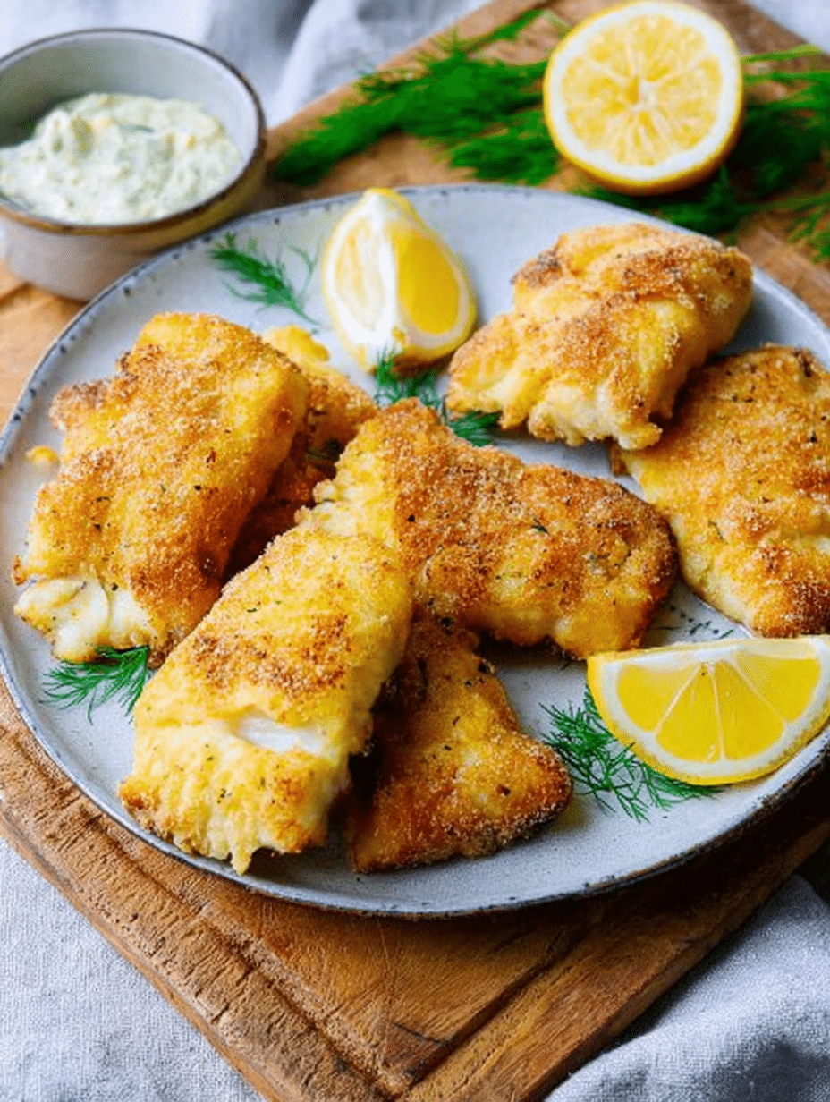 Knuspriger Backfisch auf Holzbrett mit Zitronenscheiben und Petersilie, zubereitet in der Heißluftfritteuse.