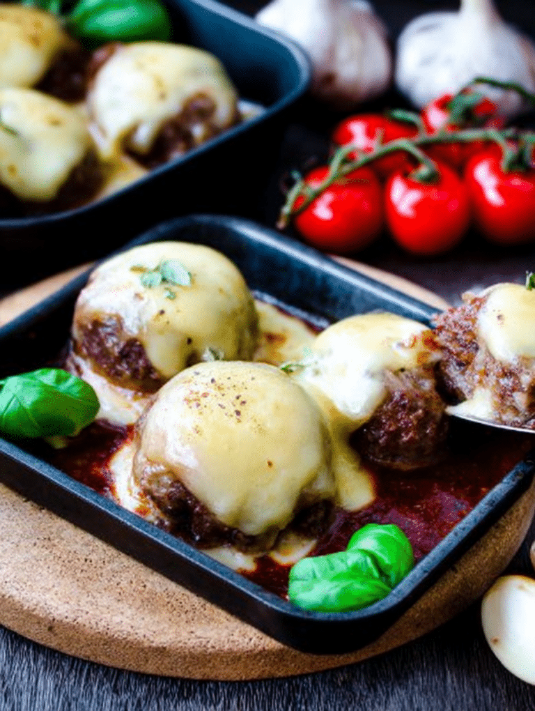 Geschmolzener Raclette-Käse über Hackbällchen in einem Raclette-Pfännchen mit Gemüse.