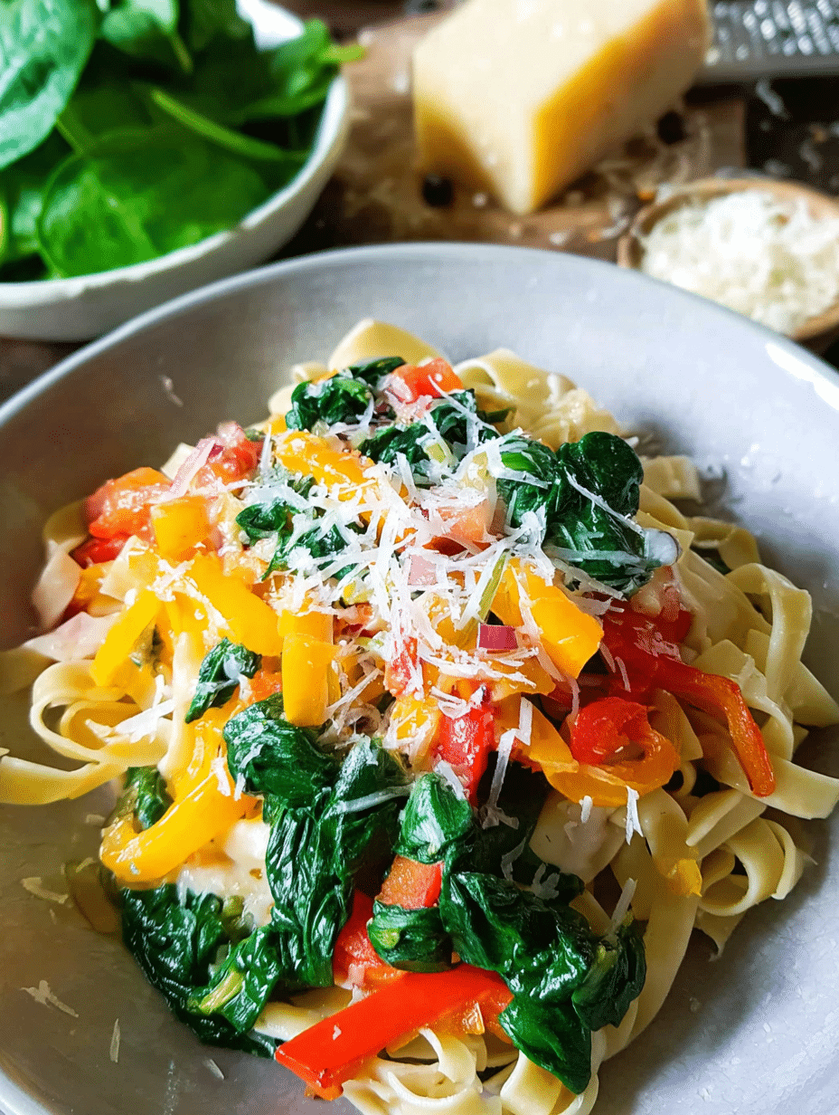 Schnelle Spinatnudeln mit Parmesan und frischem Babyspinat auf einem weißen Teller.