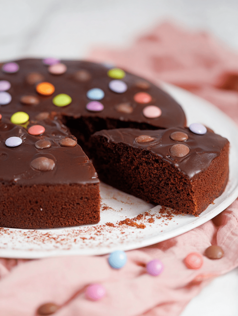 Schokoladenkuchen für Kinder, dekoriert mit bunten Schokolinsen und Schokoladenglasur auf einem weißen Teller.