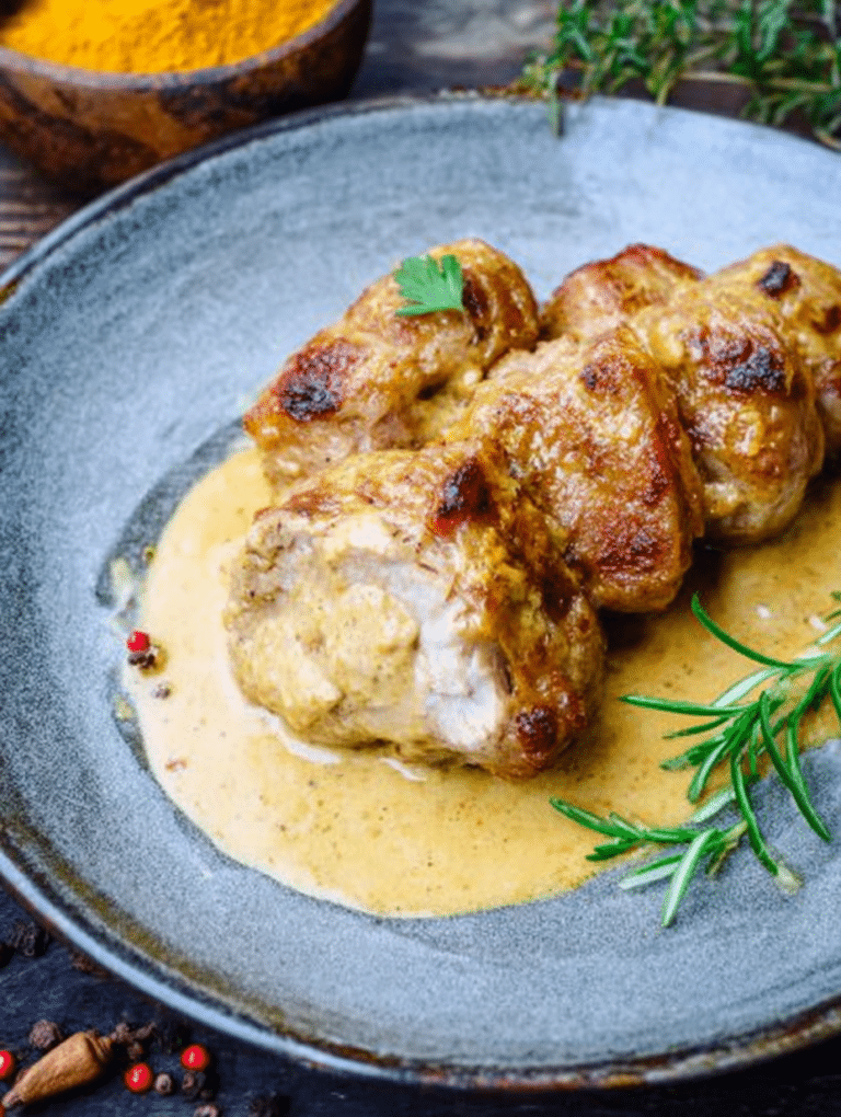 Schweinefilet im Speckmantel serviert mit frischem Gemüse auf einem Teller