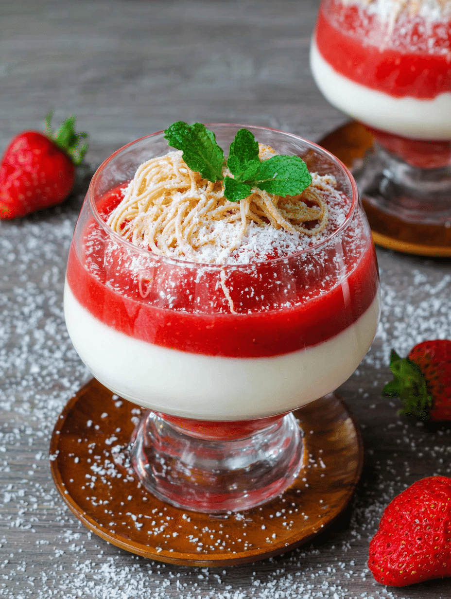 Ein appetitliches Spaghetti-Eis-Dessert im Glas mit Quark-Creme und Erdbeerpüree, garniert mit weißer Kuvertüre.