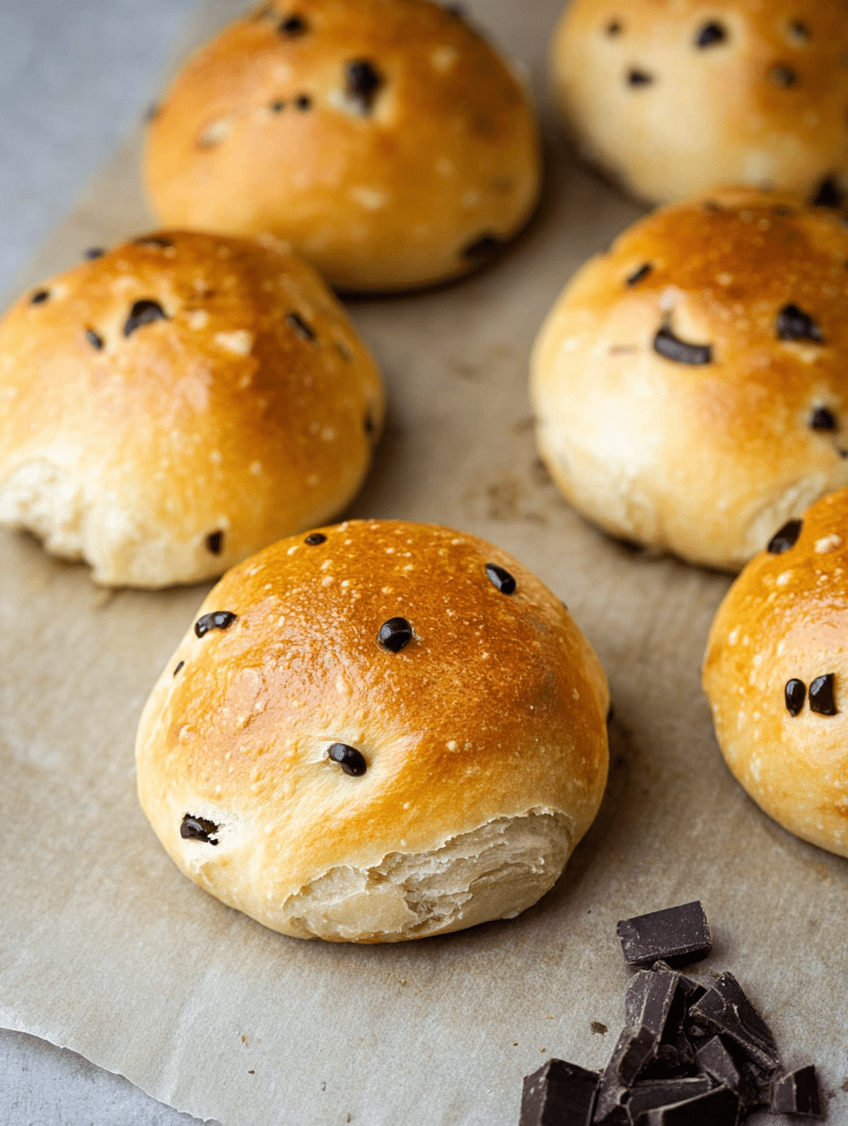 Frisch gebackene Schokobrötchen mit Schokoladenelementen und einer Tasse Milch auf einem Holzbrett.