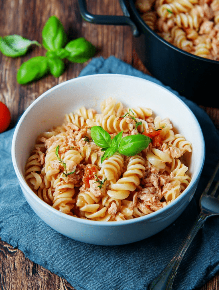 Teller mit One Pot Nudeln mit Thunfisch, garniert mit frischem Basilikum, in einem gemütlichen Wohnzimmer.