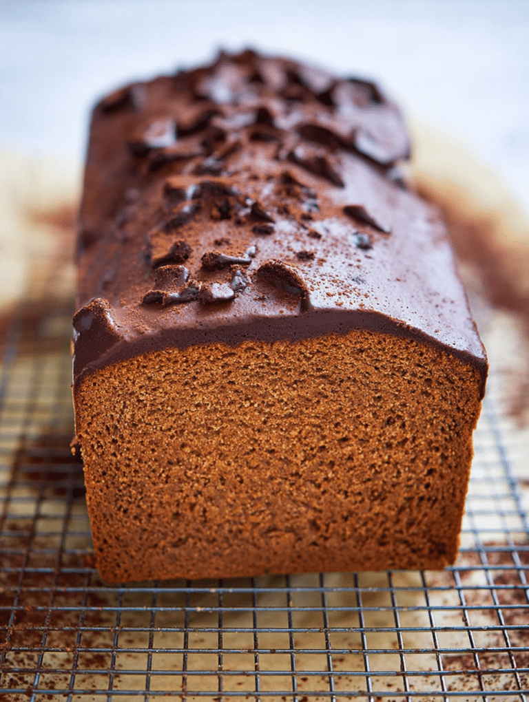 Saftige Scheibe einfacher Schokokuchen, garniert mit Schokoladenglasur und Kakaopulver im Hintergrund, zusammen mit frischen Zutaten.