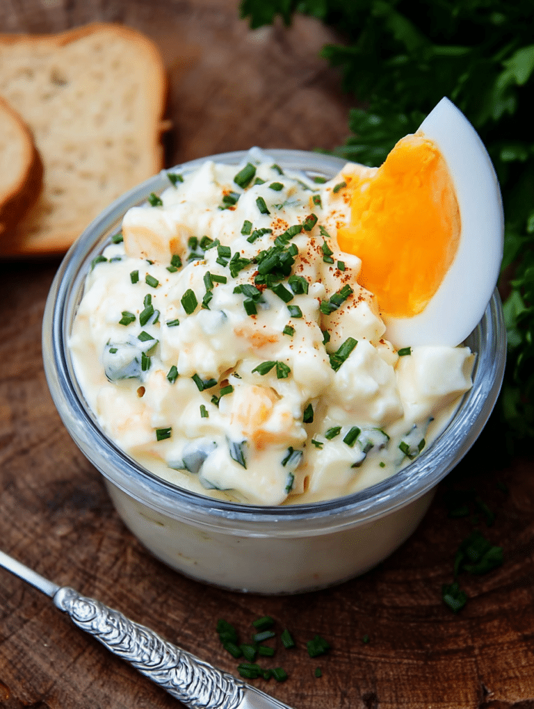 Klassischer Eiersalat, frisch zubereitet, serviert mit Kräutern und Brot