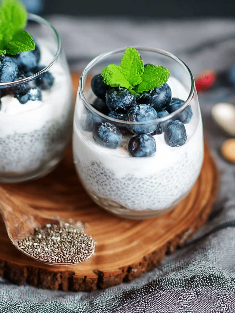 Ein Glas Chia-Pudding mit Kokosmilch, garniert mit Heidelbeeren und frischer Minze.