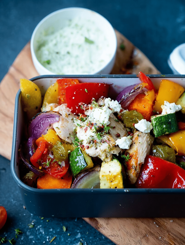 Leckeres Ofengemüse mit Hähnchenbrustfilet, serviert in einer eleganten Schüssel.