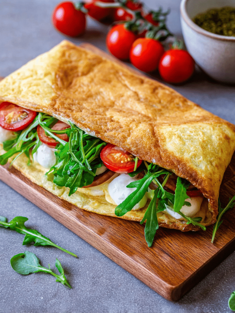 Fertiger Hüttenkäse-Wrap mit Kirschtomaten und Rucola auf einem Holzbrett