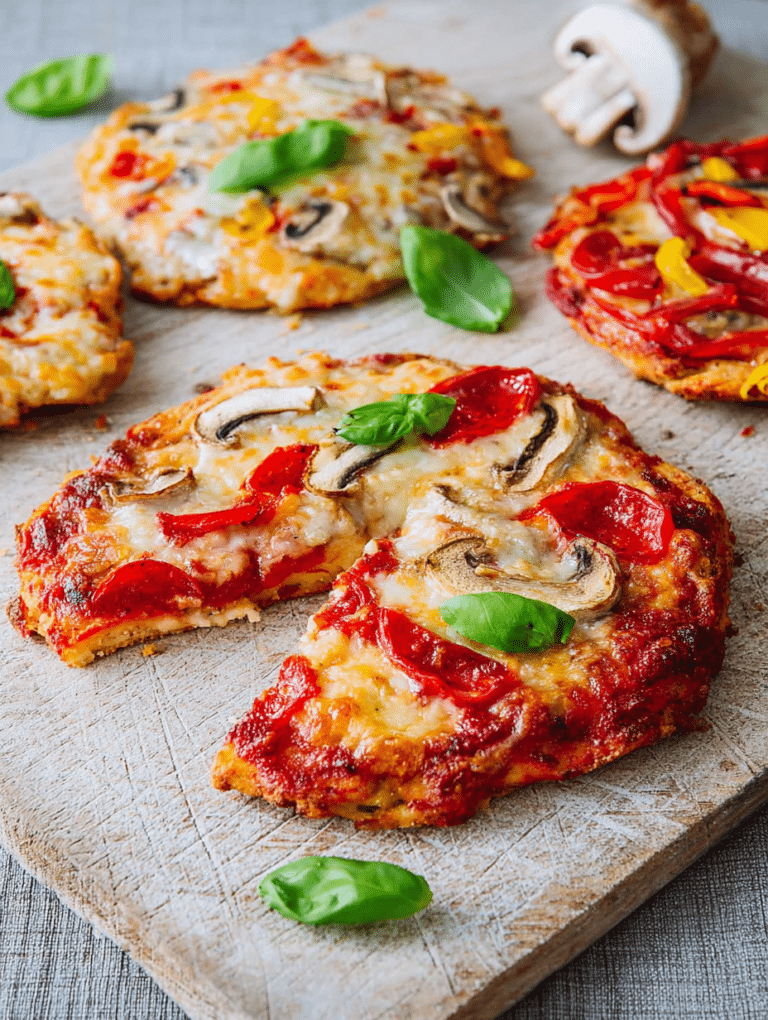 Goldbraune Pizza aus der Heißluftfritteuse mit schmelzendem Käse und frischem Belag auf einem Holzbrett.